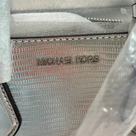 MICHAEL KORS Sheila Small Satchel Handbag Crossbody Embossed Purse Silver NWT - Picture 4 of 10
